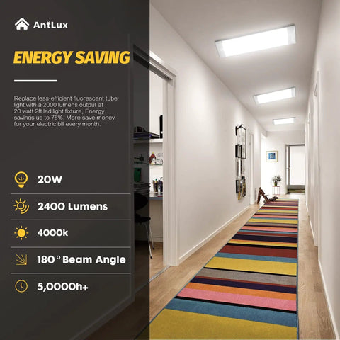 Hallway with Slick Two Foot Wraparound LED Light Fixture With Soft Diffuser Glare Free 2400 Lumens 4000K Bright White Ceiling Light