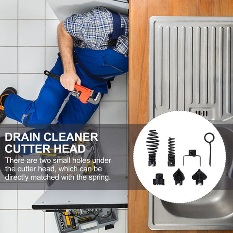 Seven Piece Beast Mode Manganese Steel Drain Cleaning Cutter Heads Power Drill Bits For Tough Kitchen Bathroom Pipe Dredging Sink Clog Root Grease Removal Black displayed with plumber using tools under a sink.