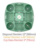 Top view of green 15 Inch Umbrella Table Tray With 4 Drink Holders, 4 Snack Compartments, fits poles from one to one and a half inches.