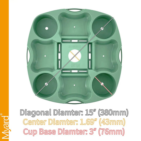 Top view of green 15 Inch Umbrella Table Tray With 4 Drink Holders, 4 Snack Compartments, fits poles from one to one and a half inches.