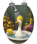 Elongated Toilet Seat Resin for Bathroom featuring a cartoon duck in a bathtub with flowers and a shower.