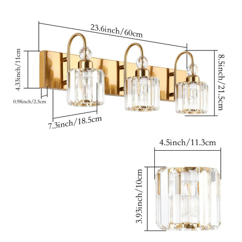 Brass Gold 3 Light Vanity Light With Crystal Accents For Bathroom Over Mirror Modern Style E26 Base Compatible Long 23.6 Inch Fixture Extends 7.3 Inches Glam Ready Lighting That Elevates Your Space with measurements.