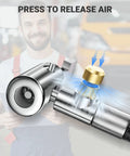 Close-up of the quick release feature on a 20 Inch Tire Inflator Hose Adapter With Self Locking Air Chuck Schrader And Presta Valve Compatibility Fine Thread.