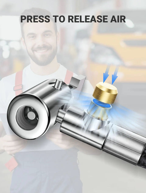 Close-up of the quick release feature on a 20 Inch Tire Inflator Hose Adapter With Self Locking Air Chuck Schrader And Presta Valve Compatibility Fine Thread.