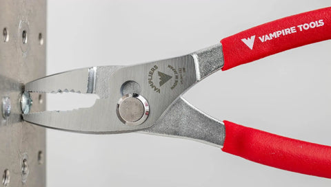 7 Inch Screw Extractor Slip Joint Pliers With 2 Way Vertically Serrated Jaws gripping a screw in a metal surface.