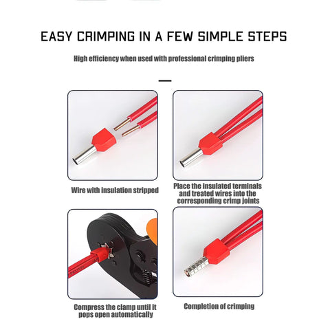 Step-by-step guide for using 500 Pcs Double Wire Ferrules Kit Pro Grade Twin Ferrule Connectors For AWG 14-22 Copper Tin Plated With PVC Insulation Durable Crimp Ferrules For Reliable Electrical Wire Terminations showing ferrules and crimping tool in action.