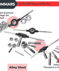 Jumbo 51 Piece Tap And Die Set For 1 4 20 To 1 14 SAE Threads with T-handle tap wrench and die wrench for metal repairs.