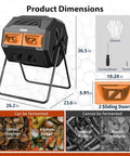 43-Gallon Dual Chamber Compost Tumbler with 360 Degree Rotating Design, steel frame, orange sliding doors, outdoor use