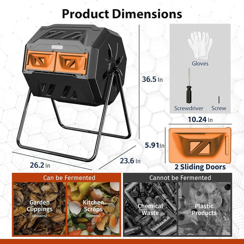 43-Gallon Dual Chamber Compost Tumbler with 360 Degree Rotating Design, steel frame, orange sliding doors, outdoor use