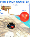 Heavy Duty Brass Float Valve Automatic Pool And Pond Water Level Regulator with red float on an 8-inch canister.