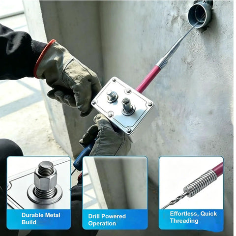 Automatic Electrician Wire Puller Drill Powered Cable Threading Rig with durable metal build and drill attachment in use.