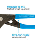 Close-up of Beefy 12 Inch Oil Filter Pliers 212 Forged High Carbon Steel with safety features labeled on the handle.
