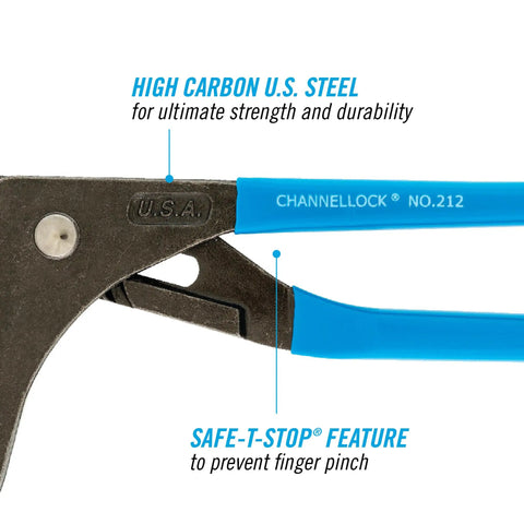 Close-up of Beefy 12 Inch Oil Filter Pliers 212 Forged High Carbon Steel with safety features labeled on the handle.