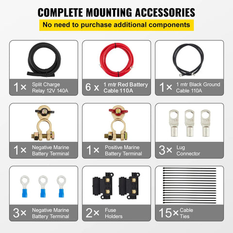 Split Charge Relay Kit For 12V Systems, auto dual battery isolator with 140 amp VSR, complete mounting accessories shown