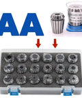 Premium ER11-40 High Precision Tool Holder Collet Chuck Set With Tight 0.008-0.015mm Tolerance For Drills Milling Cutters And Reamers Made From High Carbon Steel collet set displayed with storage case.