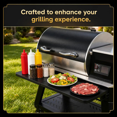 Folding Front Shelf For Recteq Deck Boss 800 Pellet Grill, Extra Prep Space And Storage, with condiments and food displayed