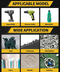 Image showing applicable models for Durable Gold Titanium Chainsaw Sharpener Bits Set: hand drills, electric drills, wind drill. Wide application visuals include jade, chainsaw, hard metal, glass, marble, jewelry.