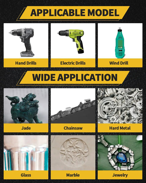 Image showing applicable models for Durable Gold Titanium Chainsaw Sharpener Bits Set: hand drills, electric drills, wind drill. Wide application visuals include jade, chainsaw, hard metal, glass, marble, jewelry.