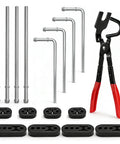 Heavy Duty Exhaust Hanger Kit With Removal Tool For Cars Trucks And SUVs 17 Piece Universal Rubber Muffler Hanger Replacement Includes 10 Inch Straight Rods 7.6 Inch 90 Degree Bent Rods And 2 Hole And 4 Hole Insulated Mounts with tools displayed