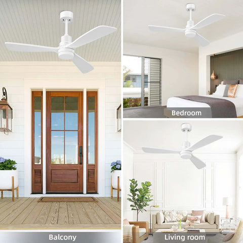 52 Inch White Ceiling Fan With Light Remote Control For Indoor Outdoor Use, shown in balcony, bedroom, and living room settings.