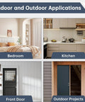 Indoor and outdoor applications showcasing Premium Lift Off Hinges For Interior Doors in a bedroom, kitchen, front door, and outdoor projects.