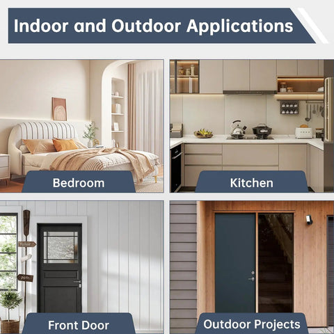 Indoor and outdoor applications showcasing Premium Lift Off Hinges For Interior Doors in a bedroom, kitchen, front door, and outdoor projects.
