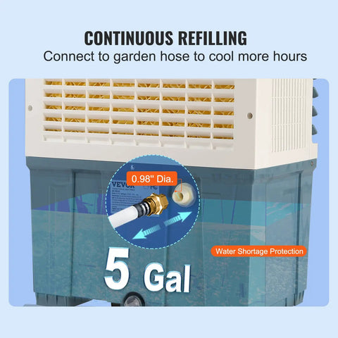 Continuous refilling feature of 5-gallon water tank on Evaporative Air Cooler 1400 CFM 11 X 31 Inch Portable Swamp Cooler