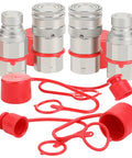 Front view: four silver 1/2-inch NPT flat-face hydraulic quick-connect couplers with red dust caps.