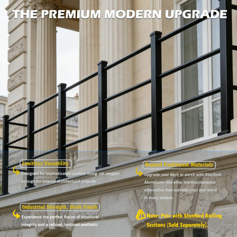 Premium Heavy Duty 45 Inch Black Powder Coated Aluminum Railing Post Kit on a stylish deck, showcasing rust-proof design and modern aesthetic.