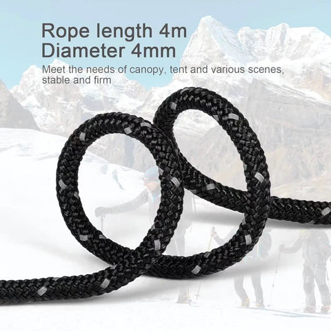 Close-up of 8 Pack 4mm Reflective Tent Guylines with Aluminum Adjuster Tensioner in snowy mountain setting.