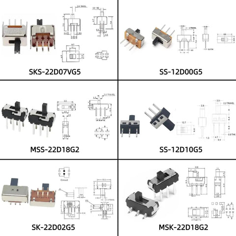 Diagram and components of 150Pcs Mini Micro Slide Switch Kit with 17 value types for DIY prototyping.