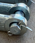Close-up of Beefy 5/8-18 Adjustable Yoke End With Galvanized Threaded Clevis, Pins Included, showing corrosion resistant steel