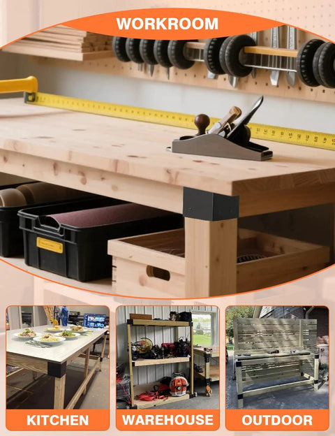 Tough As Nails 4 Pack 3-Way Corner Brackets for DIY Workbenches and Wood Projects installed on a wooden table