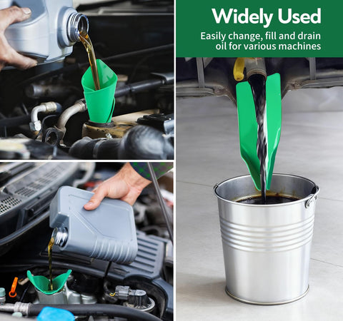 Foldable Silicone Oil Drain Funnel With Aluminum Plate for mess-free oil changes on cars, motorcycles, and lawn mowers in use.