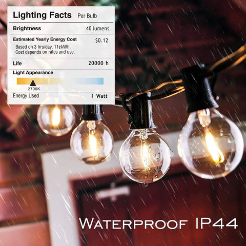 Close-up of Waterproof G40 LED Globe String Lights 200ft with 104 Shatterproof Bulbs hanging outside in rain showing lighting facts.