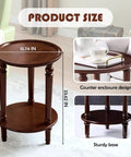 Vintage Walnut Wood Accent Table With Dual Storage Tiers Space Saver Slim Corner End Table For Small Spaces Couch Side Sofa Table Brown Nightstand Style For Hallway Bedroom And Living Room 15.74 Inch Wide Round Dark Finish With Hidden Shelf shown with size dimensions.