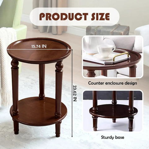 Vintage Walnut Wood Accent Table With Dual Storage Tiers Space Saver Slim Corner End Table For Small Spaces Couch Side Sofa Table Brown Nightstand Style For Hallway Bedroom And Living Room 15.74 Inch Wide Round Dark Finish With Hidden Shelf shown with size dimensions.