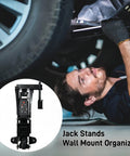 Mechanic working under car with wall mount jack stand organizer for garage tools keeps floor clear by storing hydraulic trolley jack stands on the wall car and trailer maintenance hangers heavy duty jack stands holder storage shown inset.