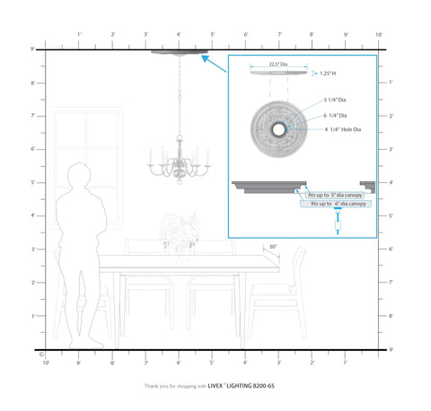 Diagram of Vintage Gold Leaf Ceiling Medallion With Dope Gilded Accents Hand Applied Finish 22.5 Inch Diameter Adjustable Center