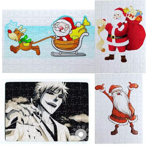 Illustrated designs of Santa Claus and anime character on 10 Pack Blank Sublimation A4 Jigsaw Puzzles With 120 Pieces Each For DIY Heat Press Crafts