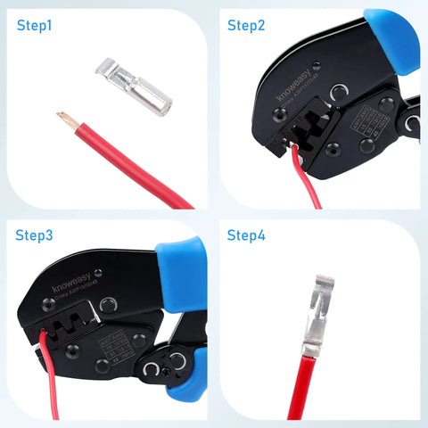 Knoweasy Powerpole Crimper Handles 15 30 And 45 Amp Connectors For Anderson Powerplugs showing crimping steps with wire and connector.