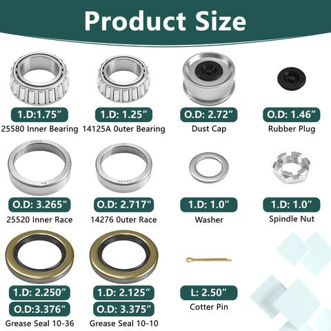 Chart showing components of Heavy Duty Four Pack 7,000 Lb Boat Trailer Axle Bearings Kit With Double Lip Grease Seals 25580 14125A