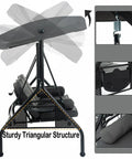Three Seat Patio Swing With Canopy And Cup Holders, Heavy Duty Steel Frame, Weather Resistant Outdoor Swing Bench For Yard, Porch, Or Backyard, Chill With Family Or Friends In This Comfortable Three Person Grey Swing with adjustable canopy and sturdy triangular structure