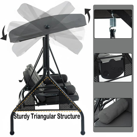 Three Seat Patio Swing With Canopy And Cup Holders, Heavy Duty Steel Frame, Weather Resistant Outdoor Swing Bench For Yard, Porch, Or Backyard, Chill With Family Or Friends In This Comfortable Three Person Grey Swing with adjustable canopy and sturdy triangular structure