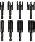 Pro Wood Plug Cutter Set For Woodworking Pros With Straight And Tapered Cutters In Four Sizes One Quarter Inch Three Eighths Inch One Half Inch And Five Eighths Inch Hex Shank Rust Resistant Carbon Steel With Black Oxide Finish AOKLIT 8 Piece