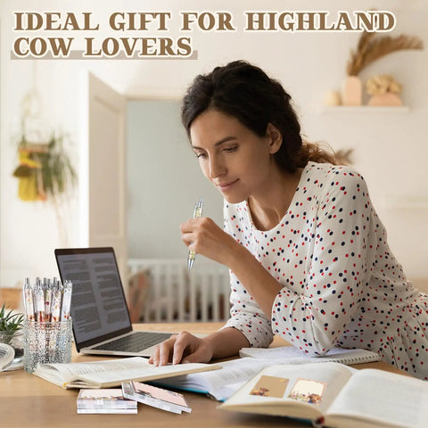 Woman using Highland Cow Desk Accessories Set With 9 Cute Sticky Notes And 9 Totally Cute Kawaii Pens 3x3 Inch Notepads.