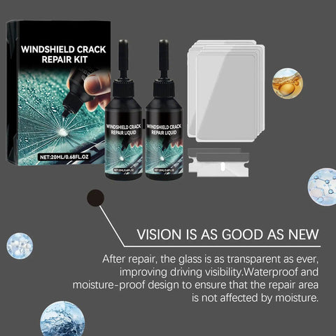 Premium Windshield Crack Repair Kit For Quick Glass Fix, DIY Friendly with resin bottles, plastic sheets, and scraper tool