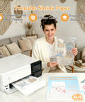 Woman holding printed designs on Super Slick Printable Shrink Plastic Sheets A4 Size 20 Pack Real Deal Heat Shrink Film.