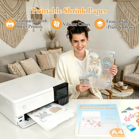 Woman holding printed designs on Super Slick Printable Shrink Plastic Sheets A4 Size 20 Pack Real Deal Heat Shrink Film.
