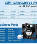Upgraded WR60X26866 Refrigerator Evaporator Fan Motor Replacement with voltage, speed, and compatibility details.